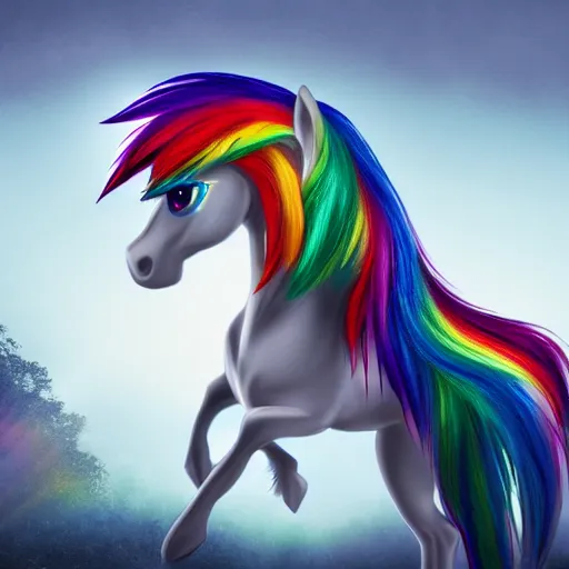 Image similar to Rainbow Dash, Equine Photography, Pegasus, Light-blue coat with rainbow mane and tail, realistic 4k