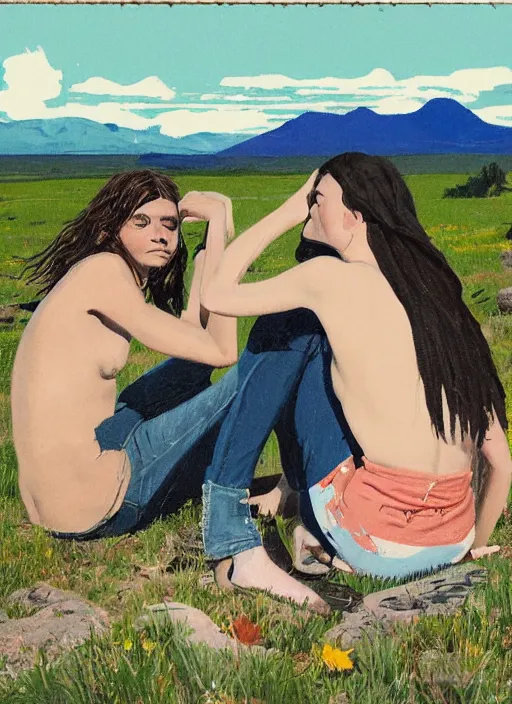 Image similar to composition by justine kurland, a up - close portrait of girl friends sitting in a scenic representation of mother nature and the meaning of life by billy childish, thick visible brush strokes, shadowy landscape painting in the background by beal gifford, vintage postcard illustration, minimalist cover art by mitchell hooks