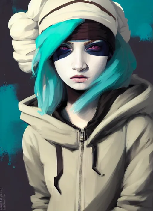 Prompt: highly detailed portrait of a sewer punk lady student, blue eyes, burberry hoody, hat, white hair by atey ghailan, by greg tocchini, gradient green, black, brown, cream and blue color scheme, grunge aesthetic!!! ( ( graffiti tag wall, plain white background ) )