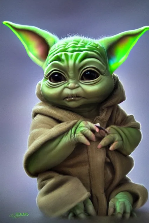 Image similar to Rahul Gandhi as baby yoda, baby yoda costume, Rahul Gandhi hairstyle, baby yoda body type, Rahul Gandhi Face, calm, cute, portrait, baby figure, highly detailed, digital painting, artstation, concept art, smooth, sharp focus, illustration, cinematic lighting, art by artgerm and greg rutkowski and alphonse mucha