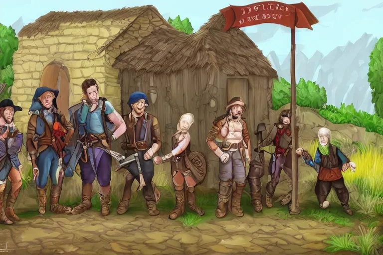 Prompt: a group of adventurers in the countryside getting ready for their first dungeon, digital art