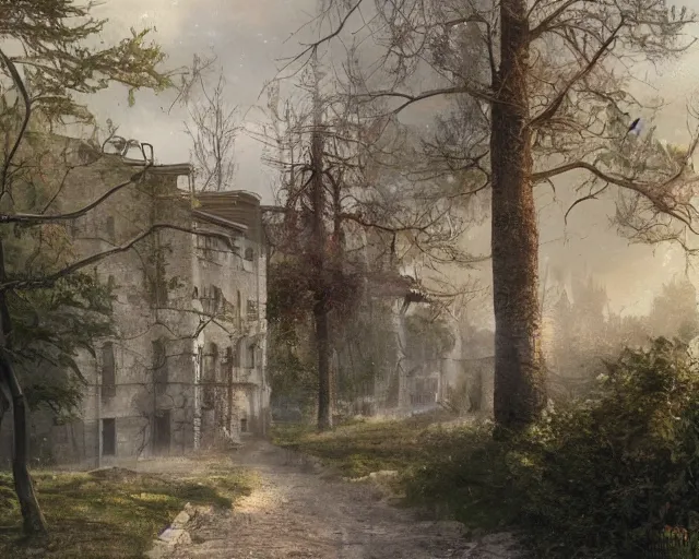 Prompt: beautiful matte painting of cute soviet block of flats hrushevka in end of forest by yann souetre,