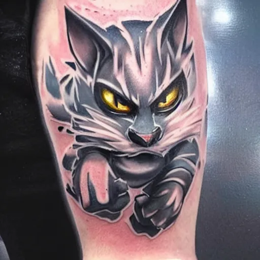Image similar to a tatoo of rengar from league of legends,