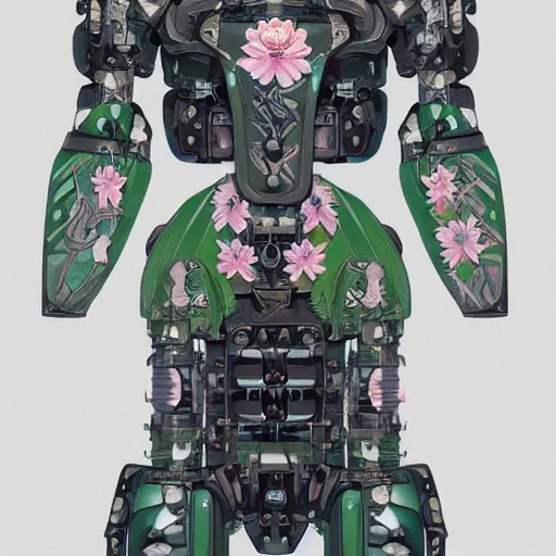 Prompt: symmetry, waterlily mobile combat suit floral robot, biomechanical, waterlily mecha nymphaea, detailed illustration, concept art, smooth, sharp focus, by eero saarinen