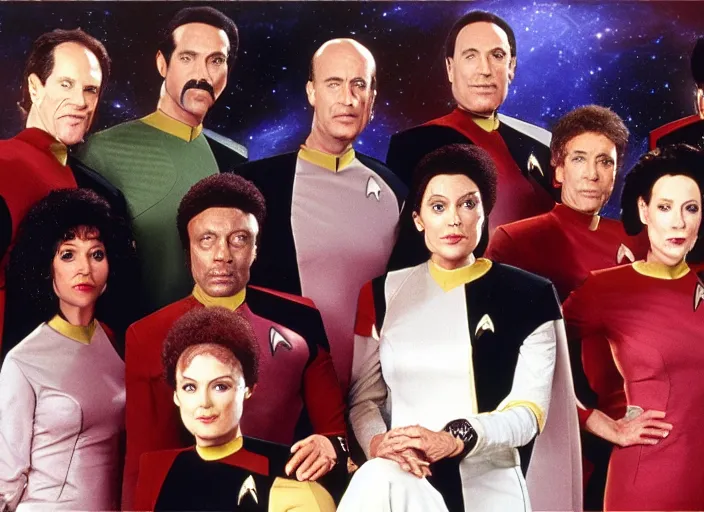 Image similar to a promo photo from a 1 9 8 0 s sci - fi tv programme, star trek tng, deep space nine, star trek voyager, babylon 5, vhs distortion