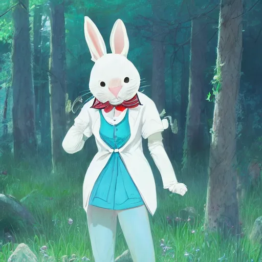 Image similar to concept art painting of an anthropomorphic white rabbit wearing a turquoise blouse, in the deep forest, realistic, detailed, cel shaded, in the style of makoto shinkai and greg rutkowski and james gurney