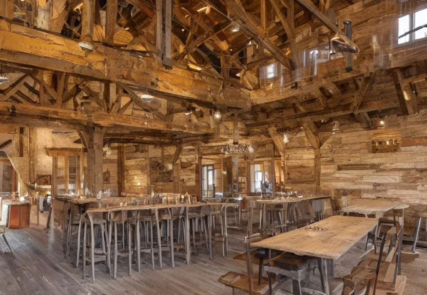 Image similar to interior barn renovation as folk music event space rustic with bar and cafe tables 8k photorealistic