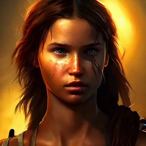 Image similar to realistic young Lara Croft portrait, atmospheric lighting, painted, intricate, volumetric lighting, beautiful, rich deep colors masterpiece, golden hour, sharp focus, ultra detailed, by Leesha Hannigan, Ross Tran, Thierry Doizon, Kai Carpenter, Ignacio Fernández Ríos