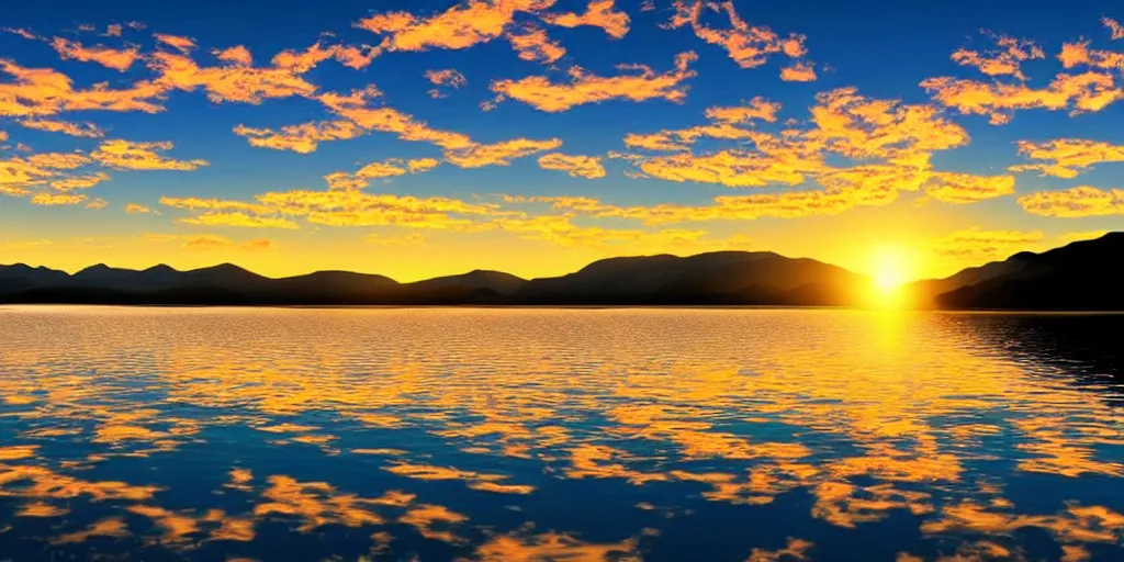Prompt: beautiful sunset mountains and a big lake, photorealistic, hyperrealistic, water reflects suns light, clouds in the sky