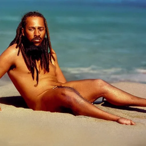 Image similar to rastafarian donald trump lounging on the beach.