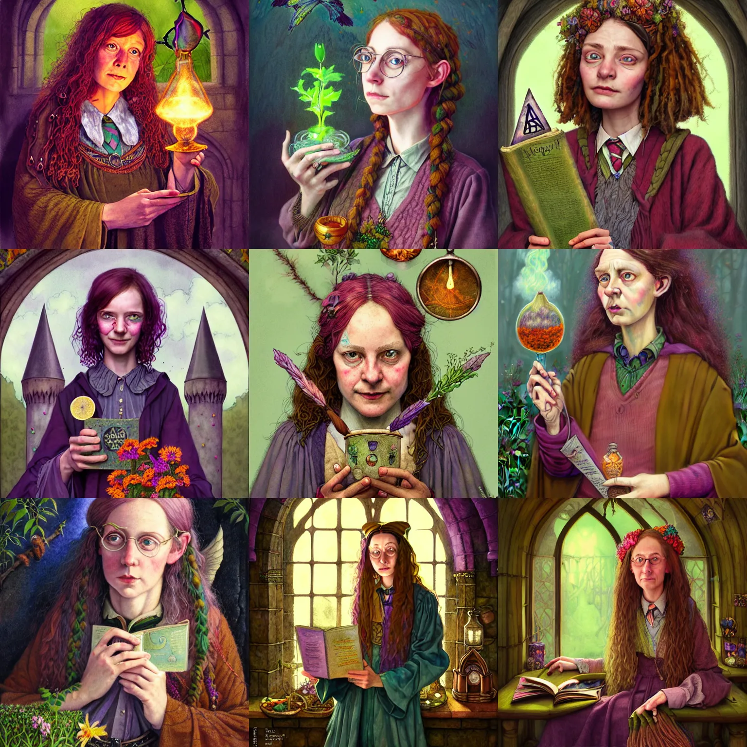 Prompt: Portrait of Magrat Garlick as a kind, hippie, Herbology professor in Hogwarts School of Witchcraft and Wizardry, detailed, hyperrealistic, colorful, cinematic lighting, digital art by Paul Kidby