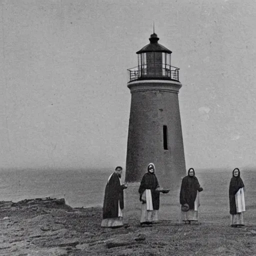 Image similar to worshippers dressed in robes belonging to the cult of the lighthouse. Dilapidated 1800s lighthouse. Unnaturally tall lighthouse. Beacons of light. 1800s photo.