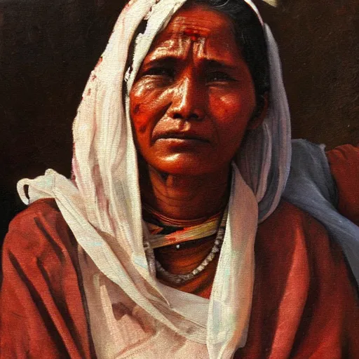 Prompt: a nepali woman wearing a white shawl, sad, oil painting