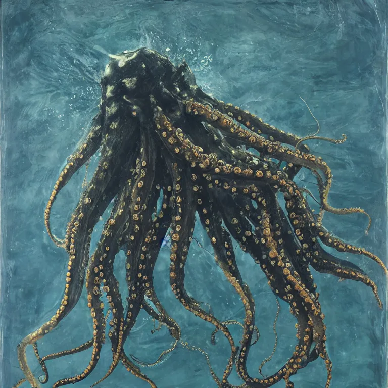 Prompt: Hyperrealistic Studio wet collodion Photograph portrait of a deep sea Giant Octopus deep underwater in darkness, award-winning nature deep sea expressionistic impasto heavy brushstrokes oil painting by Cy Twombly and Tim Hawkinson and anselm kiefer vivid colors hyperrealism 8k
