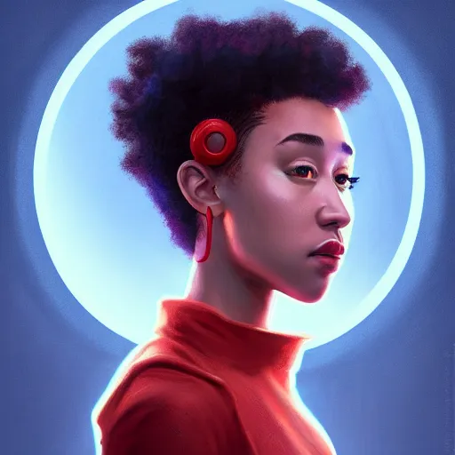 Image similar to an insanely detailed portrait of a beautiful inventor that looks like amandla stenberg with short straight red hair, wearing dorky clothes, in the style of peter mohrbacher, artgerm, dramatic lighting and composition, octane render, trending on artstation, concept art