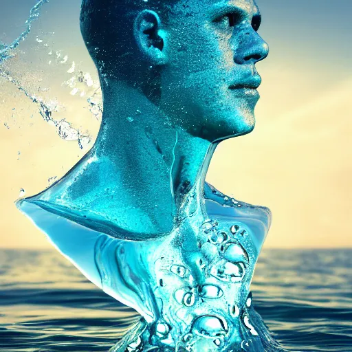 Image similar to water artwork manipulation in the shape of a human head, on the ocean water, futuristic, jelly, gradient, hyper realistic, ray tracing, realistic water, sharp focus, long shot, 8 k resolution, cinematic, photoshop water art