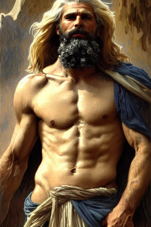 Image similar to painted portrait of rugged zeus, god of thunder, greek god, white hair, masculine, mature, handsome, upper body, flowy robe, muscular, hairy torso, fantasy, intricate, elegant, highly detailed, digital painting, artstation, concept art, smooth, sharp focus, illustration, art by gaston bussiere and alphonse mucha