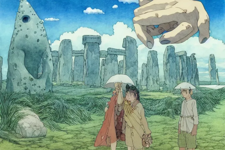 Image similar to a hyperrealist studio ghibli watercolor fantasy concept art. in the foreground is a giant hand coming down from the sky holding a stone. in the background is stonehenge. the scene is underwater on the sea floor. by rebecca guay, michael kaluta, charles vess