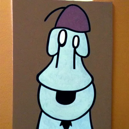 Image similar to handsome squidward, courage the cowardly dog style, strong chin, portrait