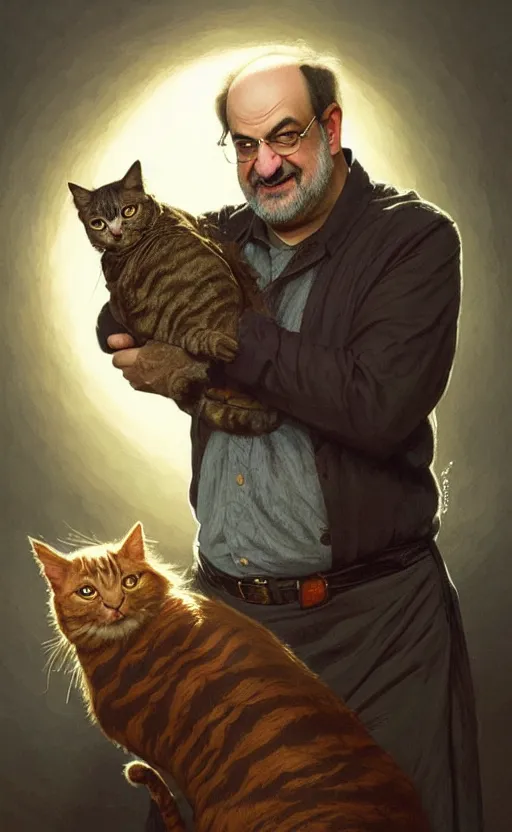 Image similar to portrait of salman rushdie with a cat, deep focus, d & d, fantasy, intricate, elegant, highly detailed, digital painting, artstation, concept art, matte, sharp focus, illustration, art by artgerm and greg rutkowski and alphonse mucha