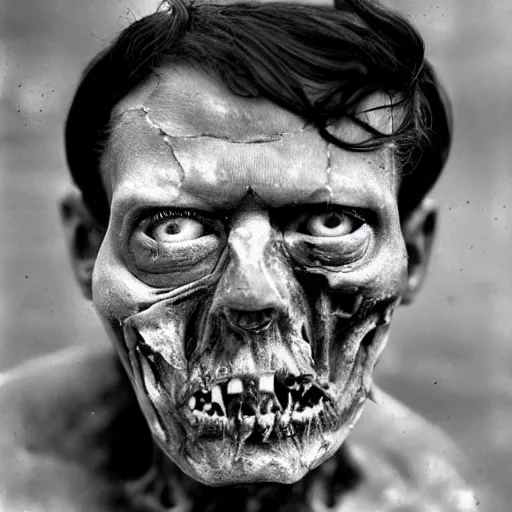 Image similar to real life sentient and composed irradiated undead with acute radiation sickness flaking, melting, rotting skin wearing 1950s clothes in a 1950s nuclear wasteland black and white award winning photo highly detailed, highly in focus, highly life-like, facial closeup taken on Arriflex 35 II, by stanley kubrick