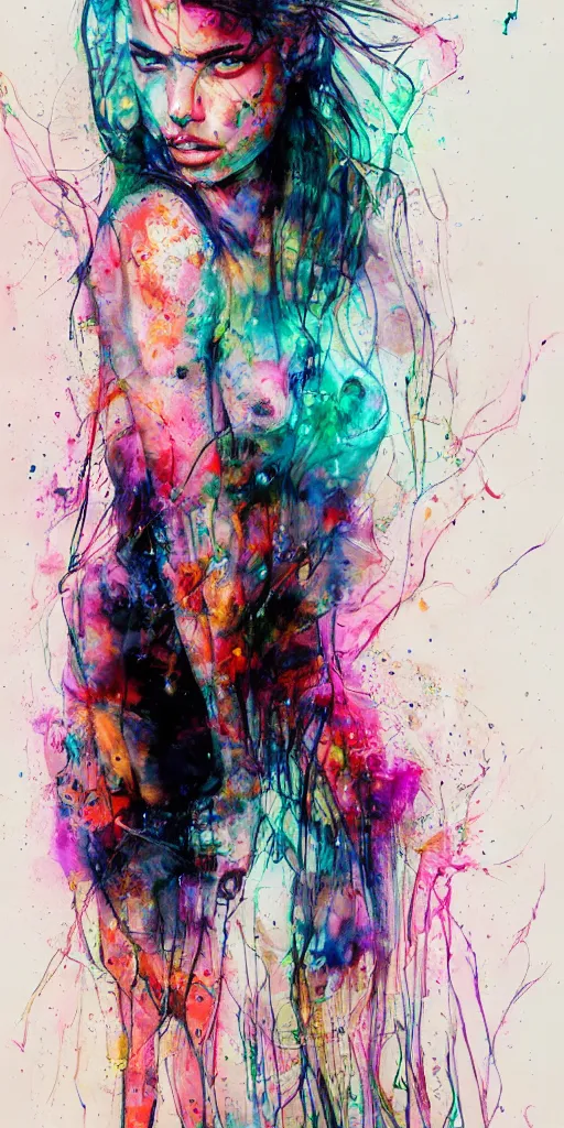 Image similar to adriana lima by agnes cecile enki bilal moebius, intricated details, sitting on a stool, full body portrait, extremely luminous bright design, pastel colours, drips, autumn lights