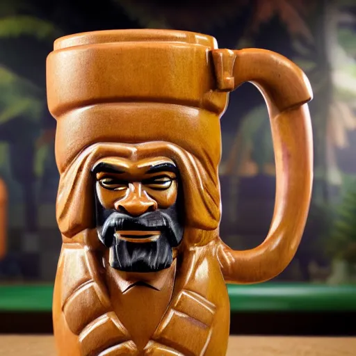 Image similar to a photorealistic photograph of a Trader Vic's tiki mug featuring Snoop Dogg at a tiki bar - Trending on Artstation, featured on Behance, well-rendered, Unreal Engine, 4K HD