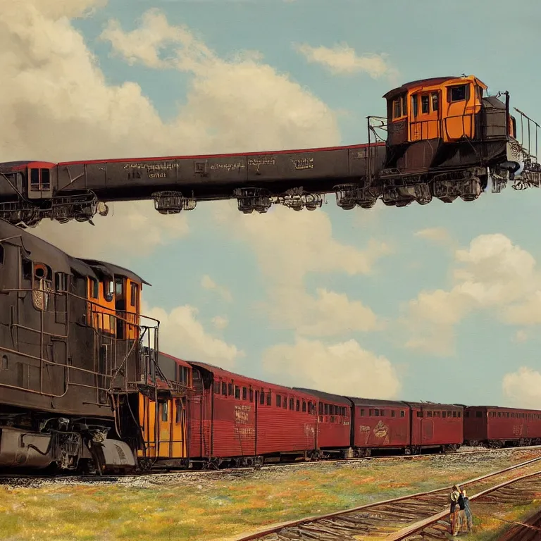 Image similar to a painting of a train going down the tracks, a matte painting by John Matson, deviantart, american scene painting, matte drawing, matte painting, storybook illustration