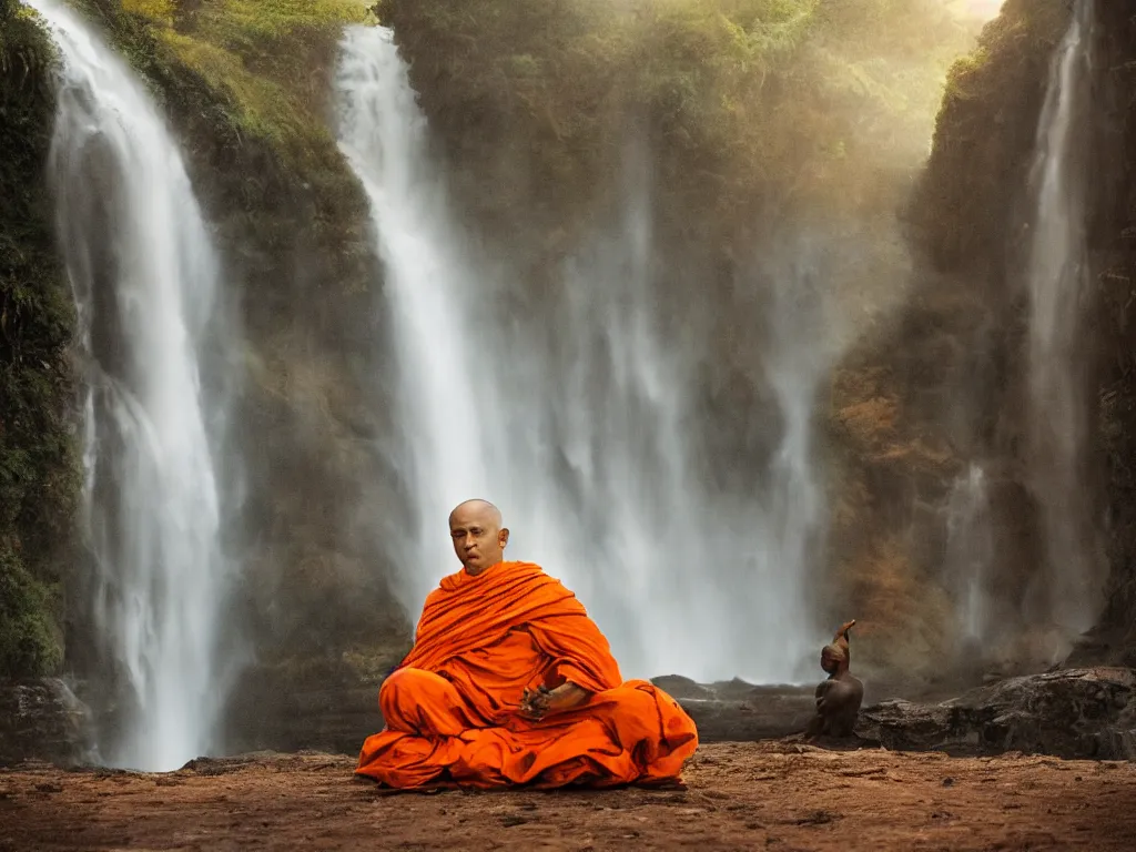 Image similar to dang ngo, annie leibovitz, steve mccurry, a simply breathtaking shot of mediating monk in orange, giantic waterfall, bright moonlight, golden ratio, wide shot, symmetrical