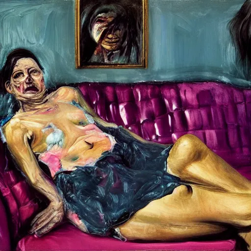 Image similar to high quality high detail painting of a old dead couple on a couch in a soviet apartment by lucian freud and jenny saville and francis bacon and malcom liepke and nicola samori, hd, anxiety, turquoise and purple and orange and pink, dark atmosphere