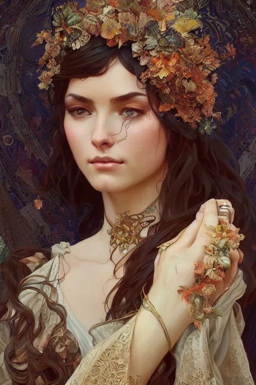 Image similar to beautiful natural renaissance gypsy, intricate, elegant, highly detailed, digital painting, artstation, concept art, smooth, sharp focus, illustration, art by artgerm and greg rutkowski and alphonse mucha