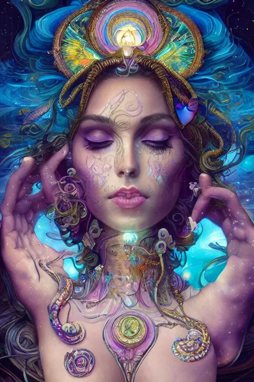 Prompt: psychedelic, intricate, highly detailed, digital painting, 4k, illustration, gorgeous seductive Goddess holding a black cube hovering above the sea, with professional makeup, long trippy hair, surrounded by gems, underneath the stars, trending on patreon, deviantart, twitter, artstation, volumetric lighting, heavy contrast, by artgerm and Greg Rutkowski and alphonse mucha