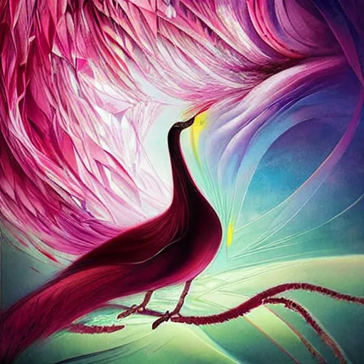 Prompt: A beautiful installation art of a large, colorful bird with a long, sweeping tail. The bird is surrounded by swirling lines and geometric shapes in a variety of colors maroon by Ryohei Hase neat