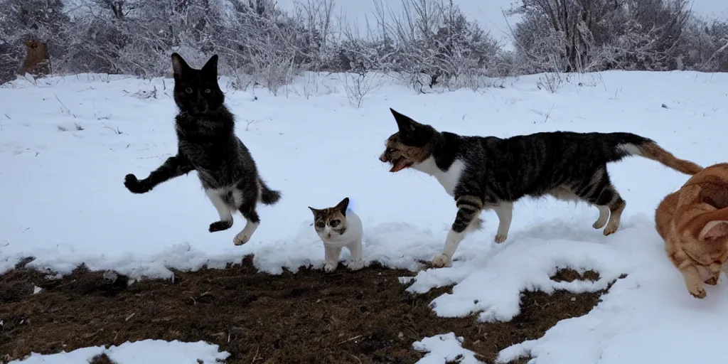 Prompt: a dog is chasing a cat in the top of a snow mountain