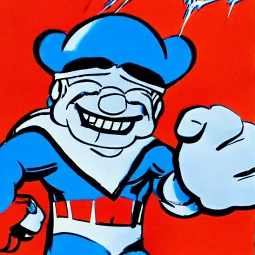 Prompt: Papa Smurf as Marvel Comic superhero, drawn by Stan Lee.