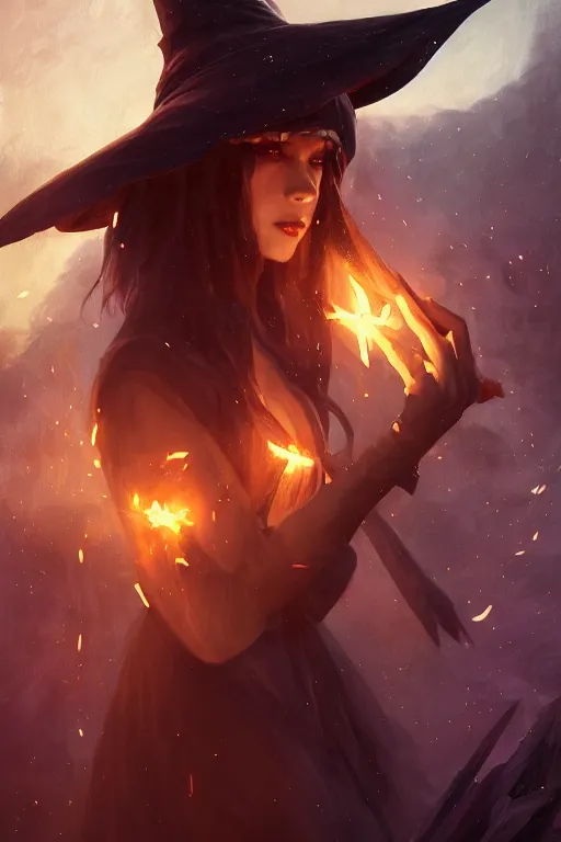 Image similar to a beautiful dark magician girl with a large witches hat that covers her face by Greg Rutkowski, Sung Choi, Mitchell Mohrhauser, Maciej Kuciara, Johnson Ting, Maxim Verehin, Peter Konig, final fantasy , mythical, 8k photorealistic, cinematic lighting, HD, high details, atmospheric,