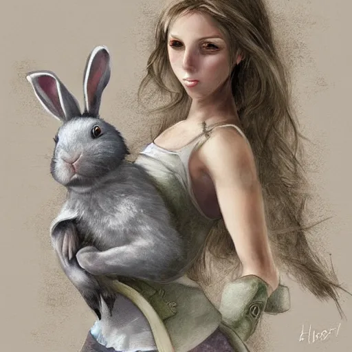 Image similar to digital art of a girl holding a sword fighting a bunny, detailed, beautiful scenery, detailed