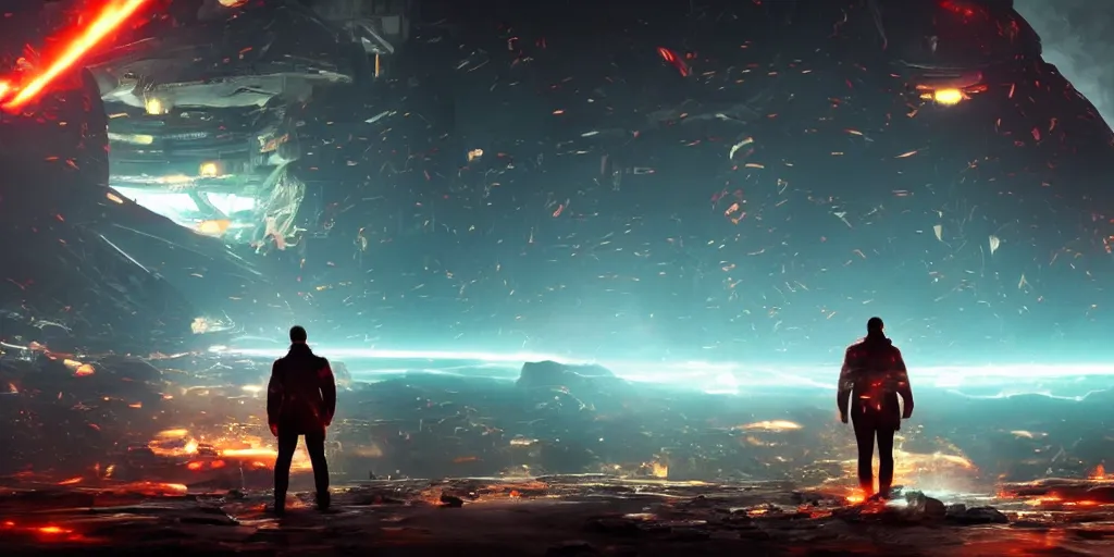 Image similar to a human standing front of a huge towering and broken stone tablet with red light + alien pattern + an abandoned spaceship, stands in the center of a prosperous city at the end of the world, and the power and energy is explode, secret, mysterious, doomsday, landscape, video game control, quantum break, arknights,