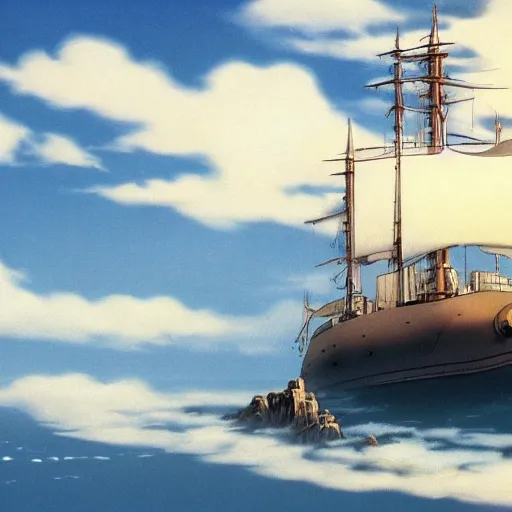 Prompt: a painting of a ship floating in the sky, a detailed matte painting by hayao miyazaki, official art, matte drawing, matte painting