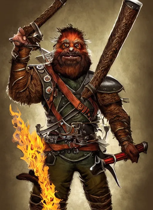 Image similar to strong young man, photorealistic bugbear ranger holding a flaming sword, black beard, dungeons and dragons, pathfinder, roleplaying game art, hunters gear, jeweled ornate leather and steel armour, concept art, character design on white background, by alan lee, norman rockwell, makoto shinkai, kim jung giu, poster art, colours red and green