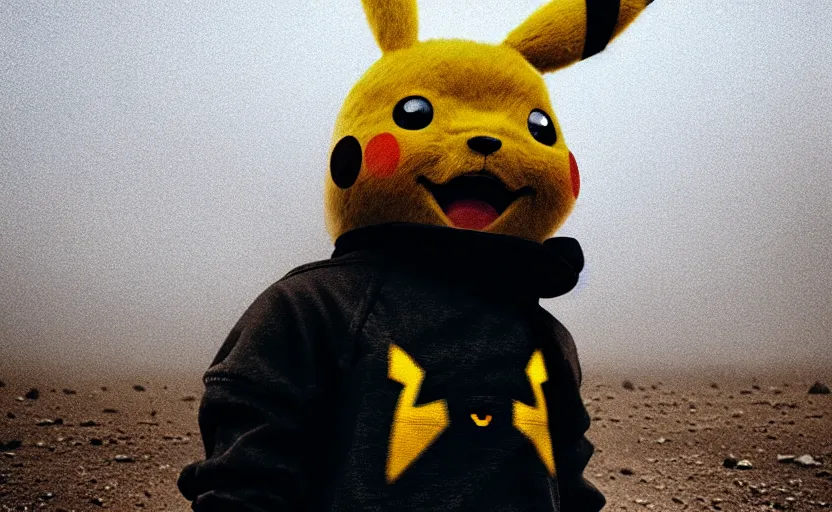 Image similar to cinestill 5 0 d candid photographic portrait by helen levitt of pikachu wearing black rugged techwear on a desolate plain, extreme closeup, modern cyberpunk moody emotional cinematic, dust storm, 8 k, hd, high resolution, 3 5 mm, f / 3 2, ultra realistic faces, detective pikachu ( 2 0 1 9 )