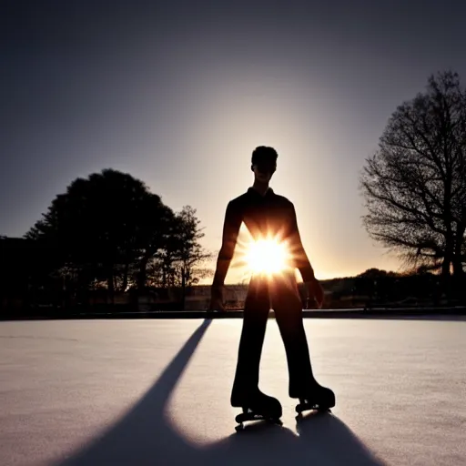 Image similar to elegant young man figure skating against setting sun, dramatic lighting, silhouette