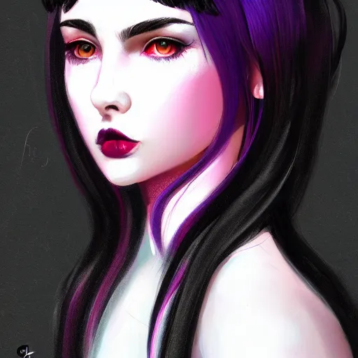 Prompt: a teen girl with black hair, white bangs, red irises and purple lipstick, portrait, highly detailed, digital painting, artstation, concept art, sharp focus, illustration
