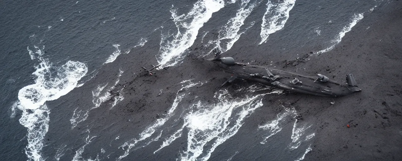 Prompt: low angle cinematic aerial shot of abandoned aircraft carrier attacked by godzilla in the middle of black sand beach in iceland