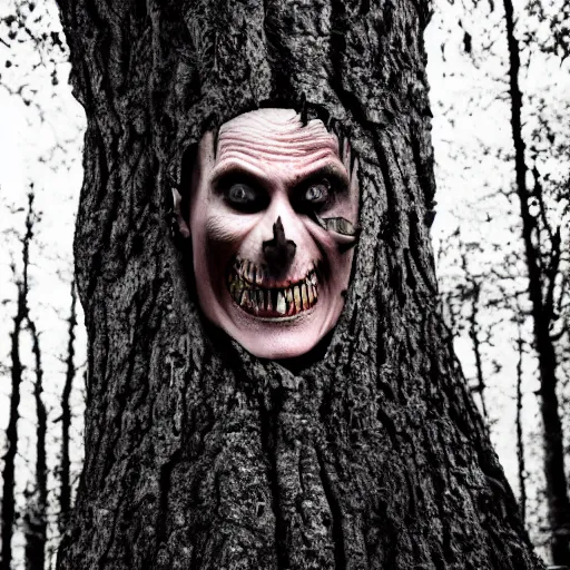 Image similar to an angry pale corpse trapped within a tree trunk, horror, photography, hyper realistic, daytime, gloomy forest, nightmarish