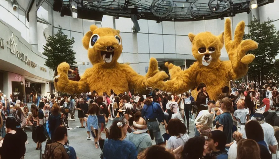 Image similar to 1990s candid photo of a beautiful day at the mall, cinematic lighting, cinematic look, golden hour, large nature costumed mascot people giving presentations to families, Enormous personified nature people with outstandingly happy faces coming out of a portal and talking to families, UHD