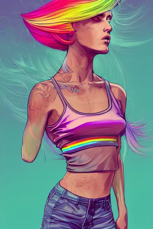 Image similar to a award winning half body portrait of a beautiful woman with stunning eyes in a croptop and cargo pants with rainbow colored ombre hairstyle head in motion and hair flying by josan gonzales, outrun, vaporware, shaded flat illustration, digital art, trending on artstation, highly detailed, fine detail, intricate