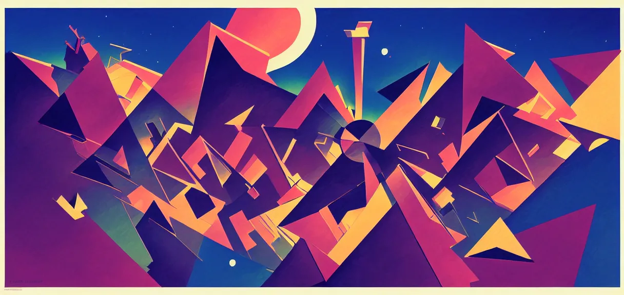 Prompt: post - minimalism comic abstract cubism portrait of triangle city, top down view, the moon orbiting other moons, iridescent clouds, vibrant color scheme, highly detailed, in the style of romanticism, cinematic, artstation, moebius, greg rutkowski