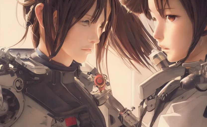 Image similar to pilot girl, cyborg aircraft parts, anime style, vintage pilot clothing, shoulder eyes, last exile anime, hair down, symmetrical facial features, from arknights, hyper realistic, 4 k, rule of thirds, extreme detail, detailed drawing, trending artstation, realistic lighting, by alphonse mucha, greg rutkowski, short neck