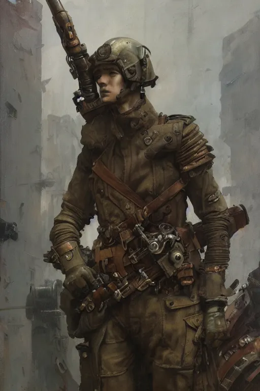 Image similar to dieselpunk military character concept art, painted by ruan jia, raymond swanland, lawrence alma tadema, zdzislaw beksinski, norman rockwell, jack kirby, tom lovell, alex malveda, greg staples